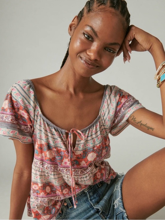 Lucky Brand Tops - Lucky Brand Pink Multi Floral Tie-Front Peasant Blouse